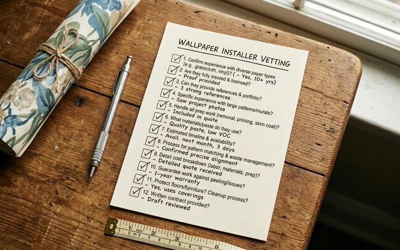 Checklist graphic showing nine vetting questions to ask a wallpaper installer