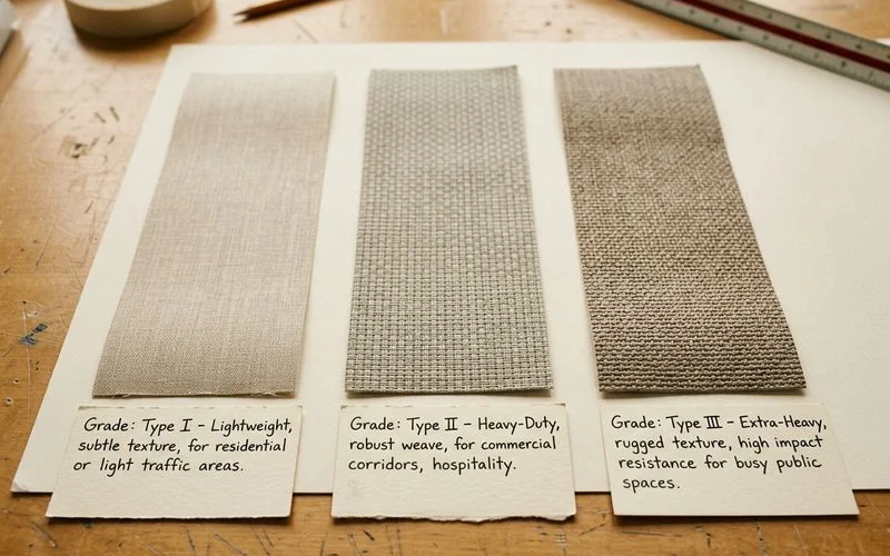 Comparison table graphic showing Type I vs Type II vs Type III vinyl wallcovering by weight, durability, and application