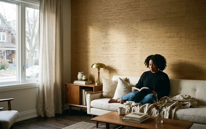 Luxury living room with a grasscloth feature wall and warm furnishings