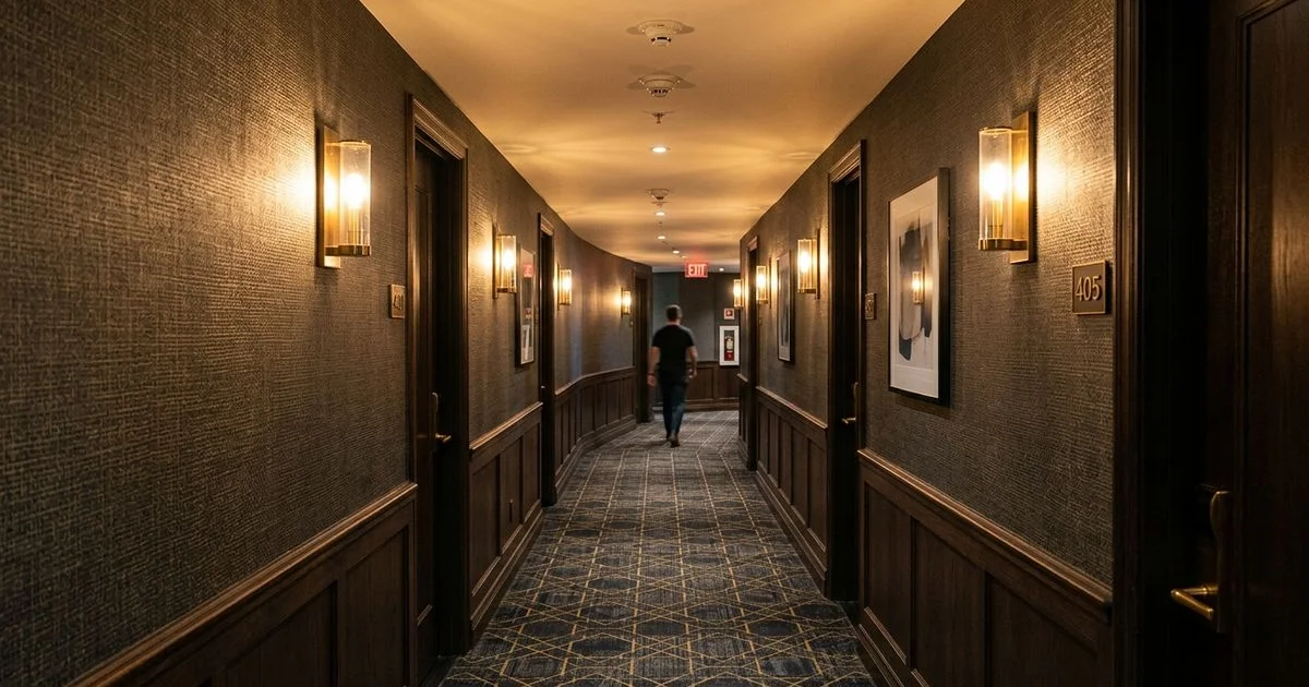 Hotel corridor with installed Type II vinyl wallcovering under professional commercial lighting