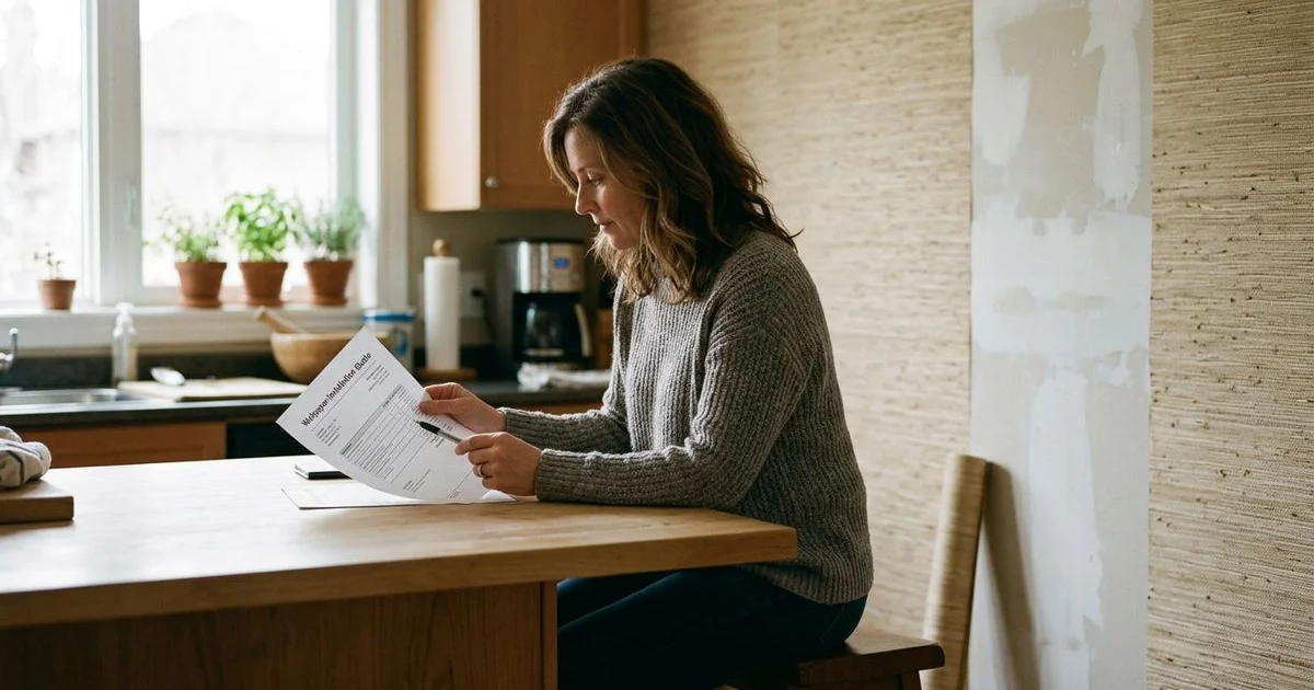 Ontario homeowner reviewing a written wallpaper installation quote in a kitchen with a partially papered grasscloth wall behind