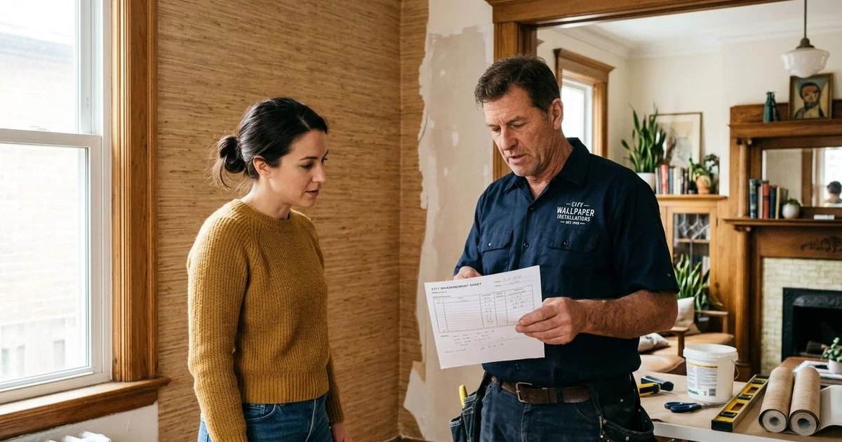 Wallpaper installer reviewing project notes with a homeowner in front of a partially papered wall