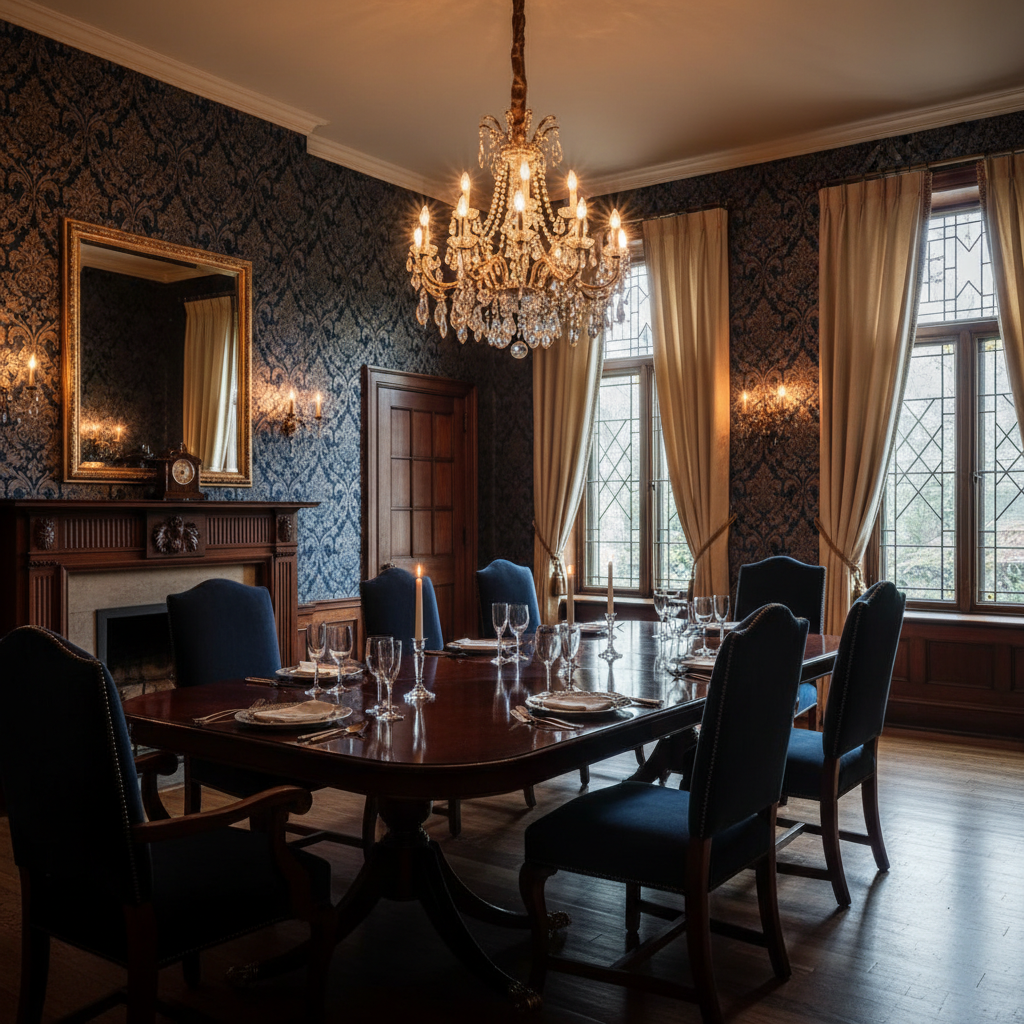Formal dining room damask wallpaper installation Toronto