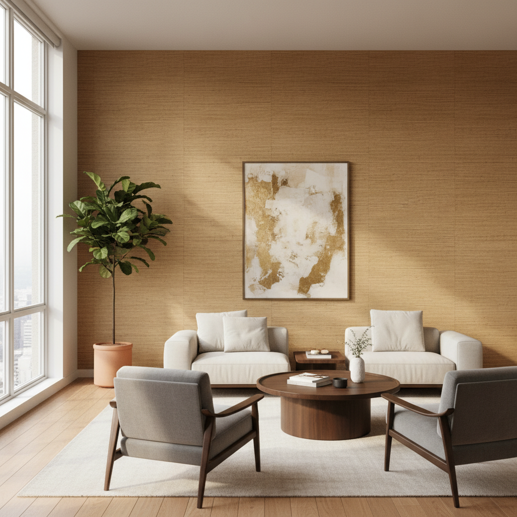 Luxury living room grasscloth wallpaper installation Toronto