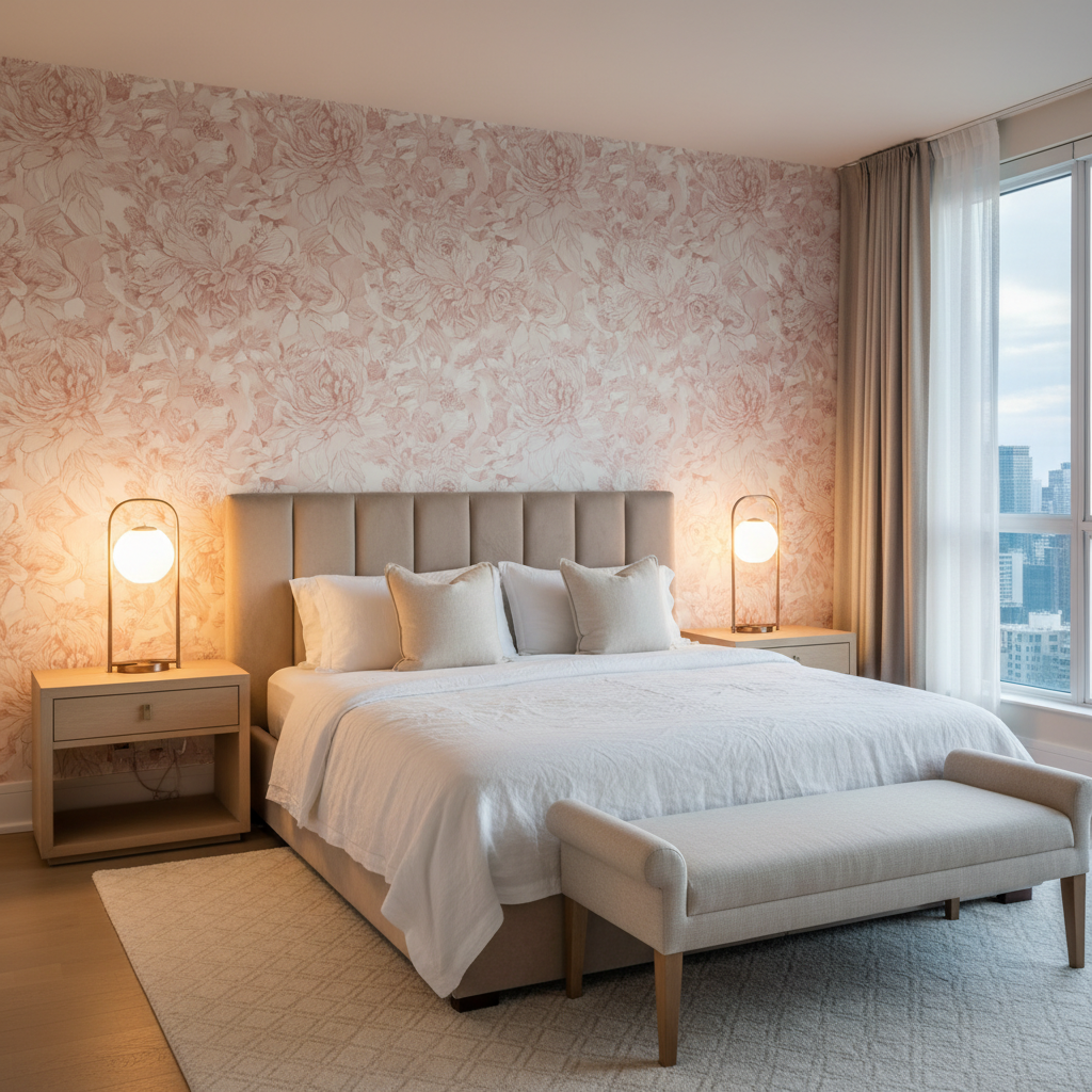 Master bedroom botanical floral wallpaper Toronto