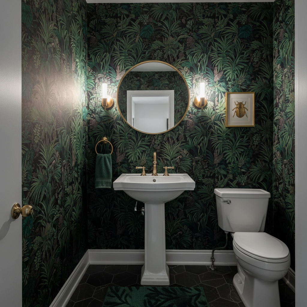 Powder room dark botanical wallpaper Toronto