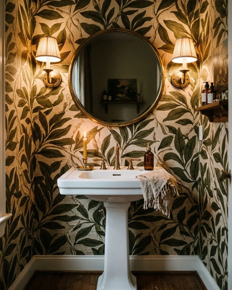 Forest Hill powder room with bold grasscloth wallpaper pattern