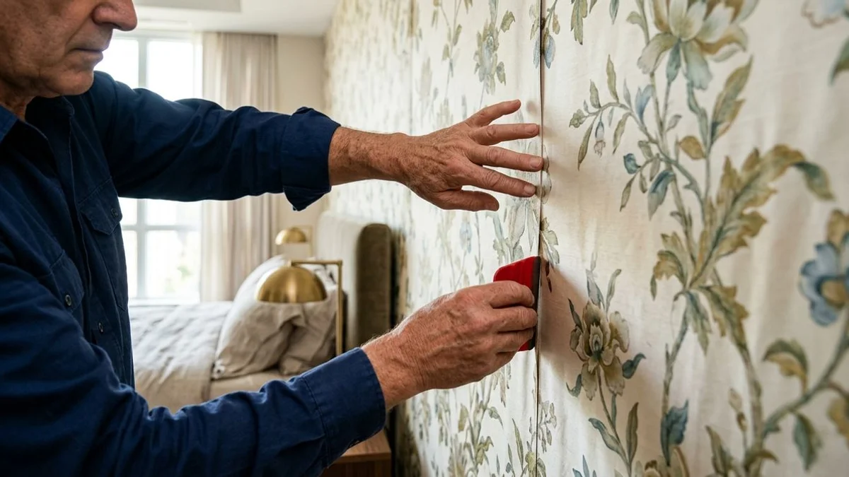Master wallpaper installer hands aligning a hand-painted silk panel with no visible seam in a Yorkville luxury condo bedroom
