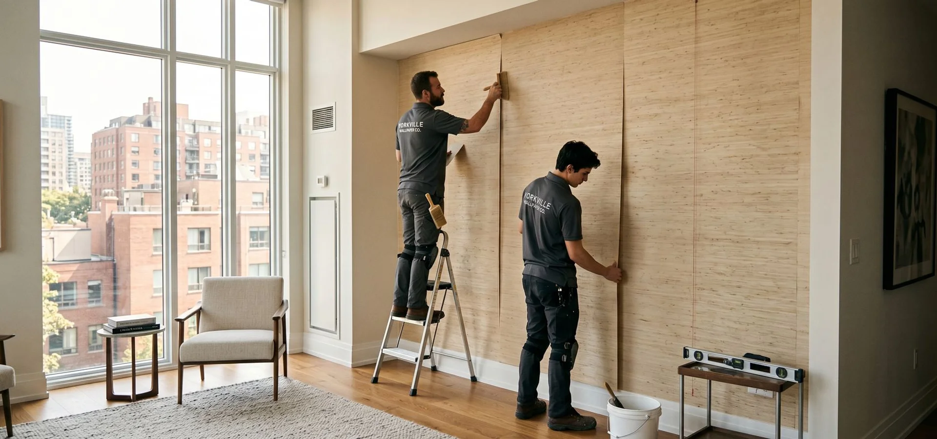 Owner-operated Toronto wallpaper installation team at work in a Yorkville luxury condo