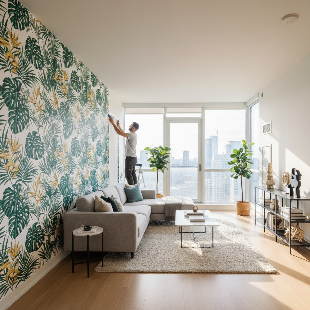 Peel-and-stick botanical wallpaper being installed in a Toronto rental condo living room