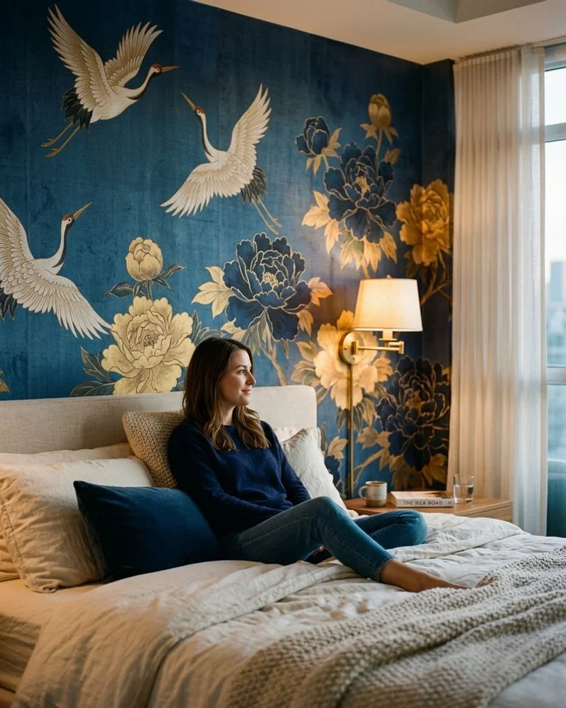 Yorkville condo master bedroom with hand-painted chinoiserie silk wallpaper
